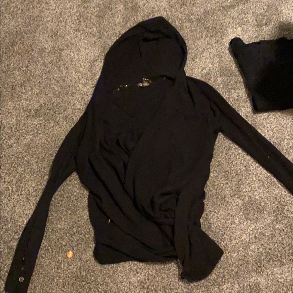 Black hooded sweater cover with buttons on sleeves